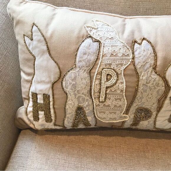 Bella Lux Gold Bead Lace Bunny Appliqué Happy Easter Decorative Accent Pillow - Picture 3 of 11